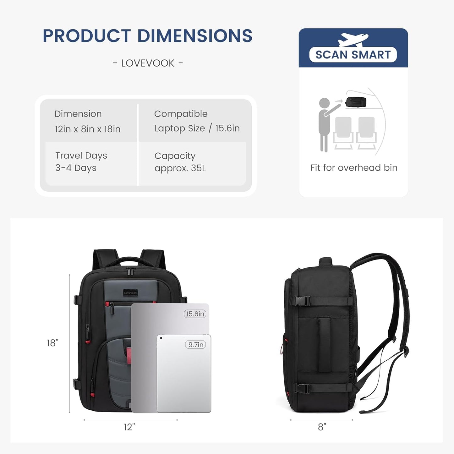 Travel Laptop Backpack, 35L 45L