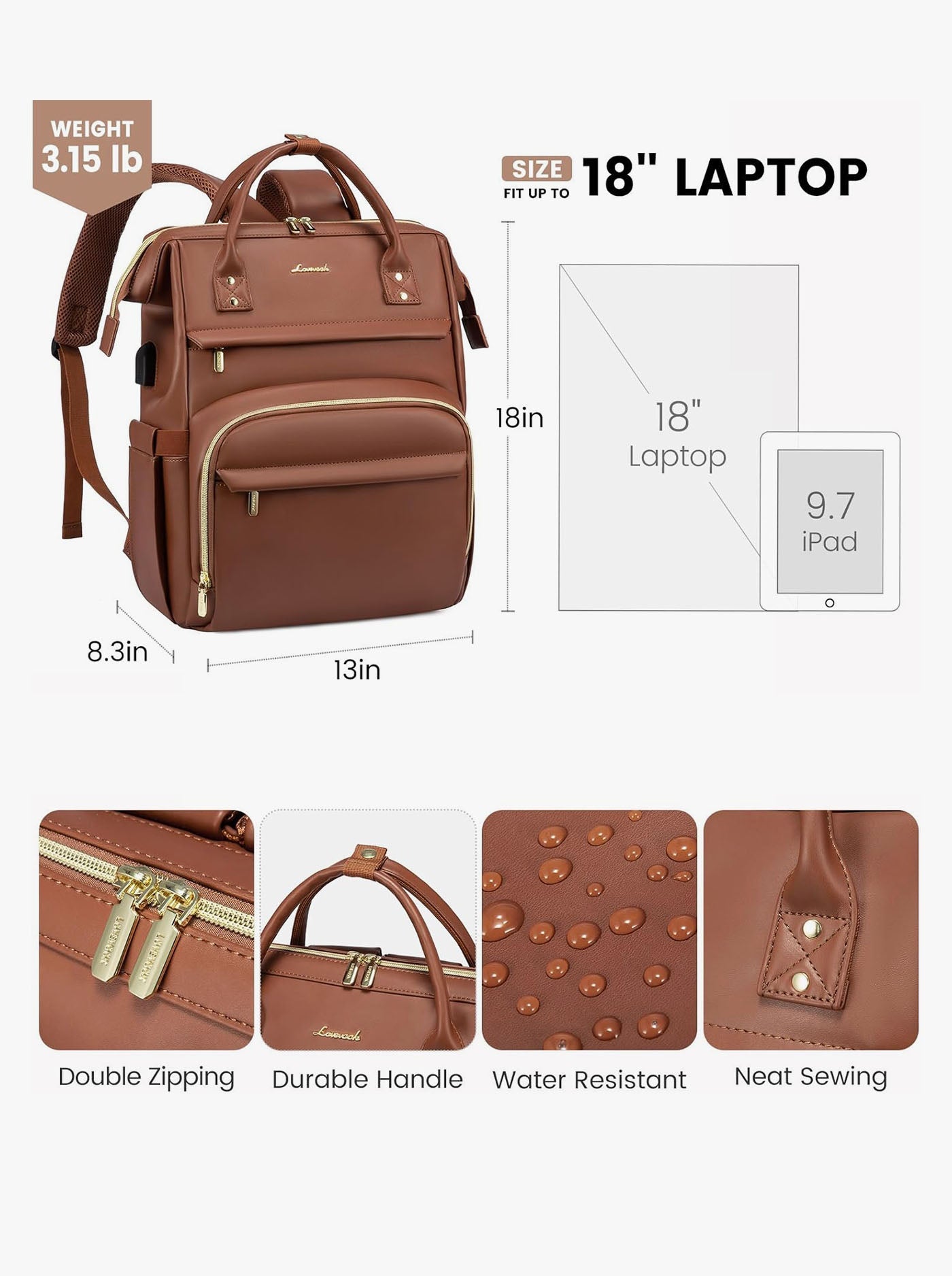 Leather Laptop Backpack, 15.6-18